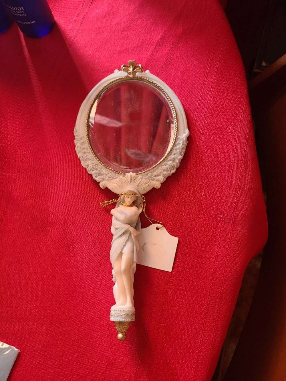 VTG Handheld Mirror Beveled Glass Woman Shaped Handle NWT Pale Blue White